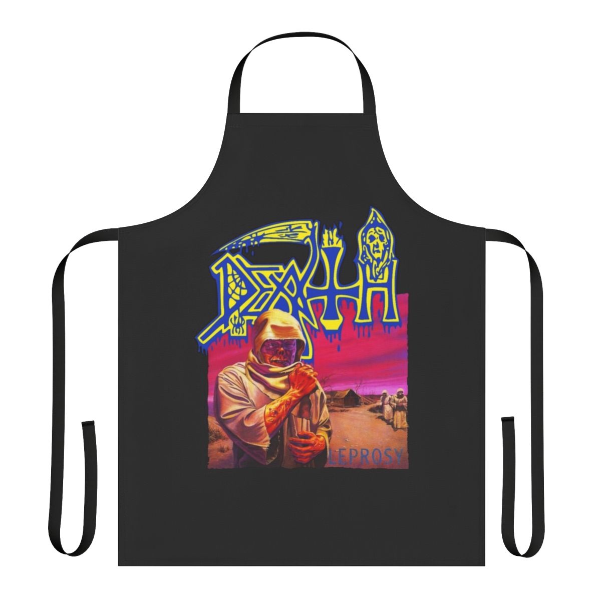 Metal-inspired apron featuring death metal, black metal, and thrash metal motifs