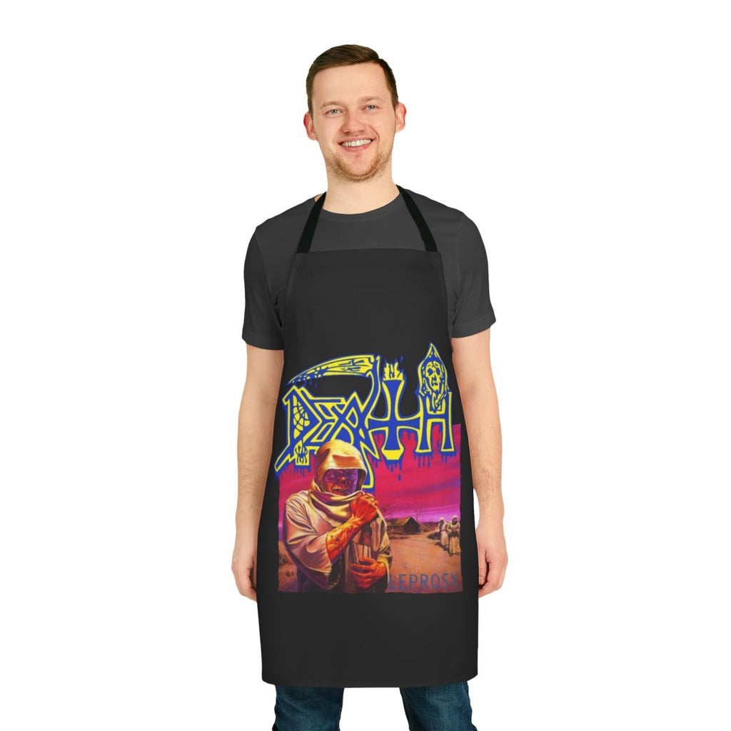 Metal-inspired apron featuring death metal, black metal, and thrash metal motifs