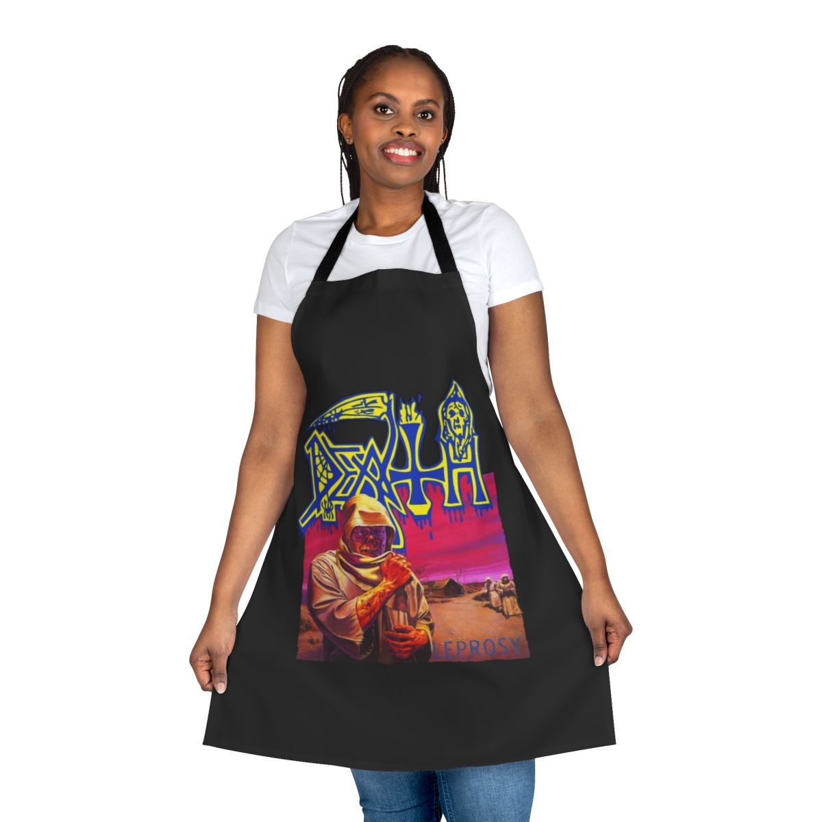 Metal-inspired apron featuring death metal, black metal, and thrash metal motifs