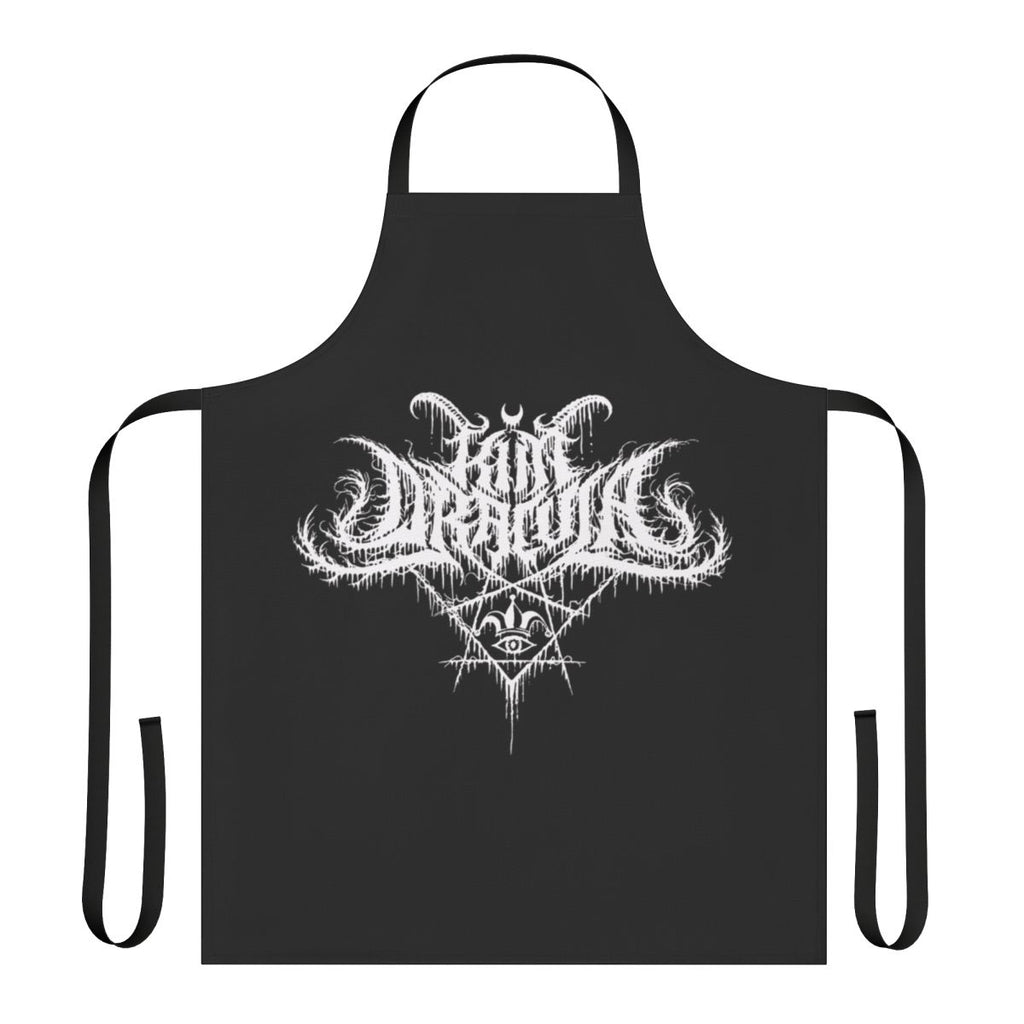Stylish black apron with Dracula and metal music-inspired design