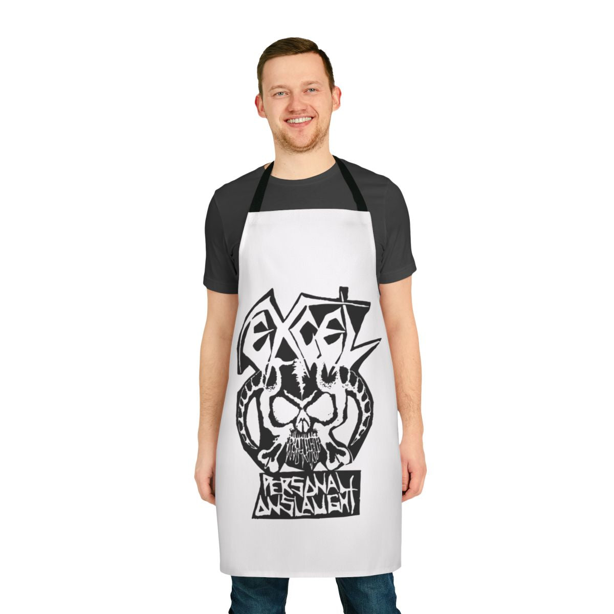 Thrash metal band apron featuring the Excel logo