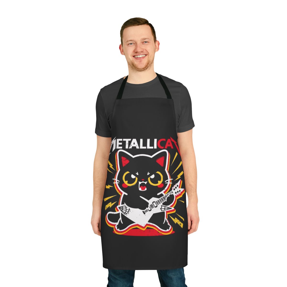 Metallic-finish apron featuring a kawaii metal-loving cat design, perfect for music fans