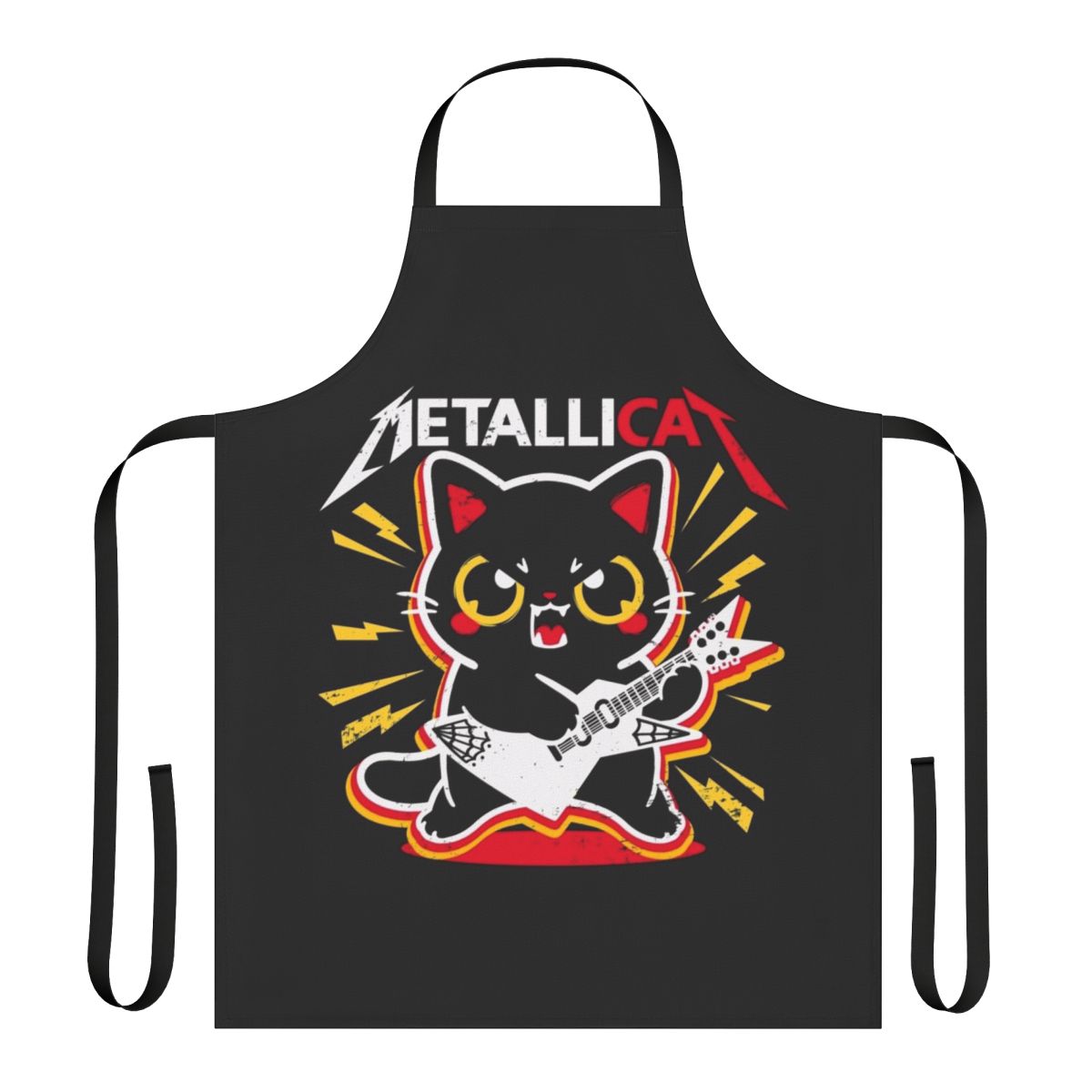 Metallic-finish apron featuring a kawaii metal-loving cat design, perfect for music fans