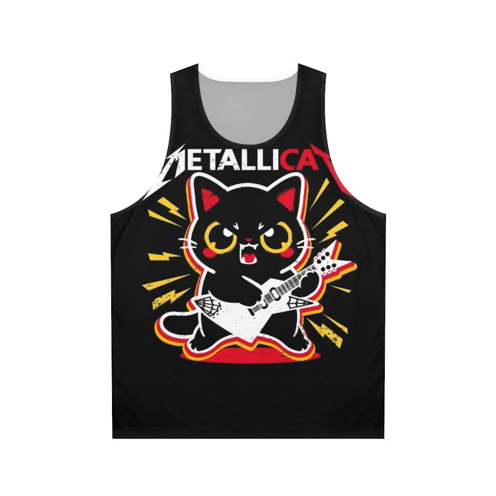 Metallic metalhead unisex tank top with music and cat pun design