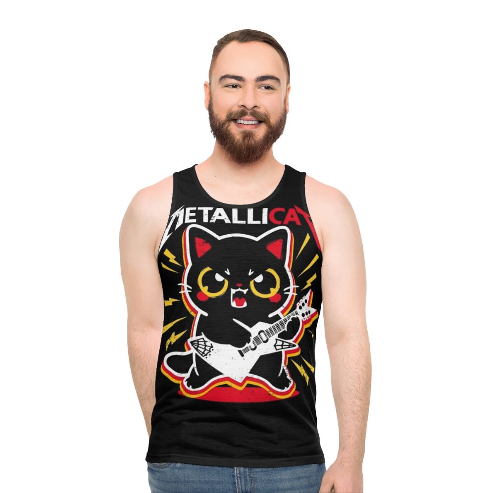 Metallic metalhead unisex tank top with music and cat pun design