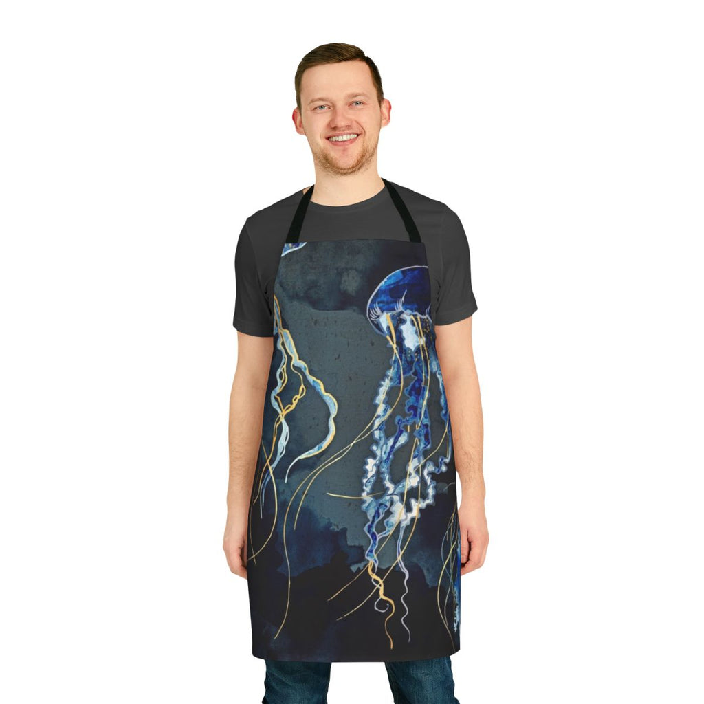 Metallic ocean-themed abstract design on an apron for the kitchen or dining room.