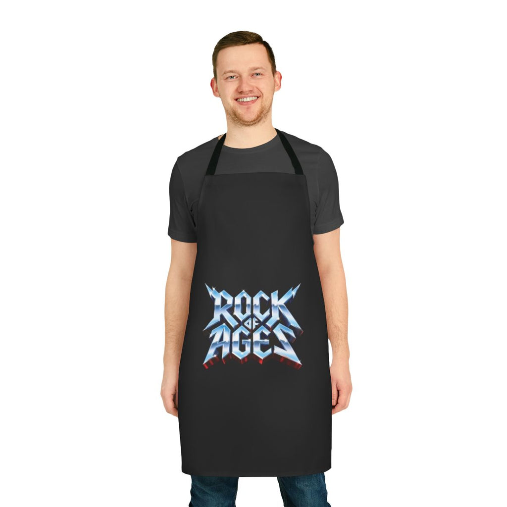 A metallic-style apron with a rock 'n' roll design, perfect for music fans.
