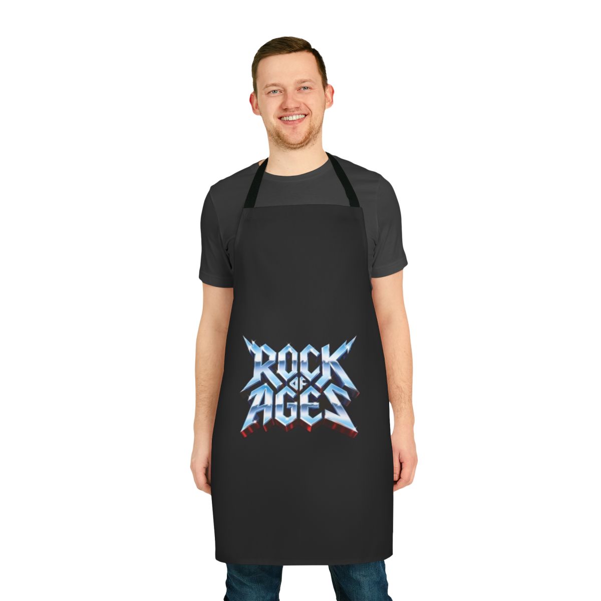 A metallic-style apron with a rock 'n' roll design, perfect for music fans.
