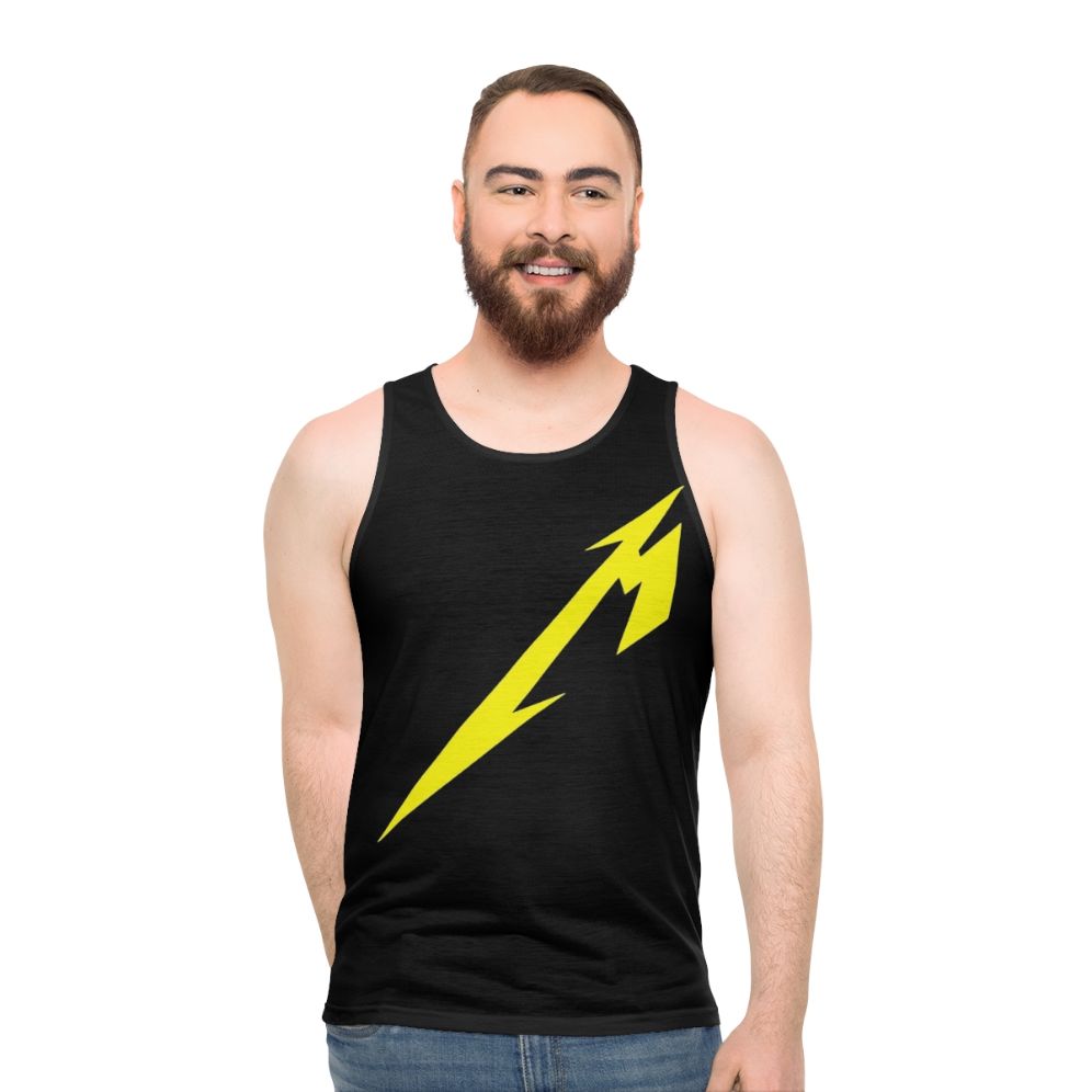 Metallic unisex tank top with bold text