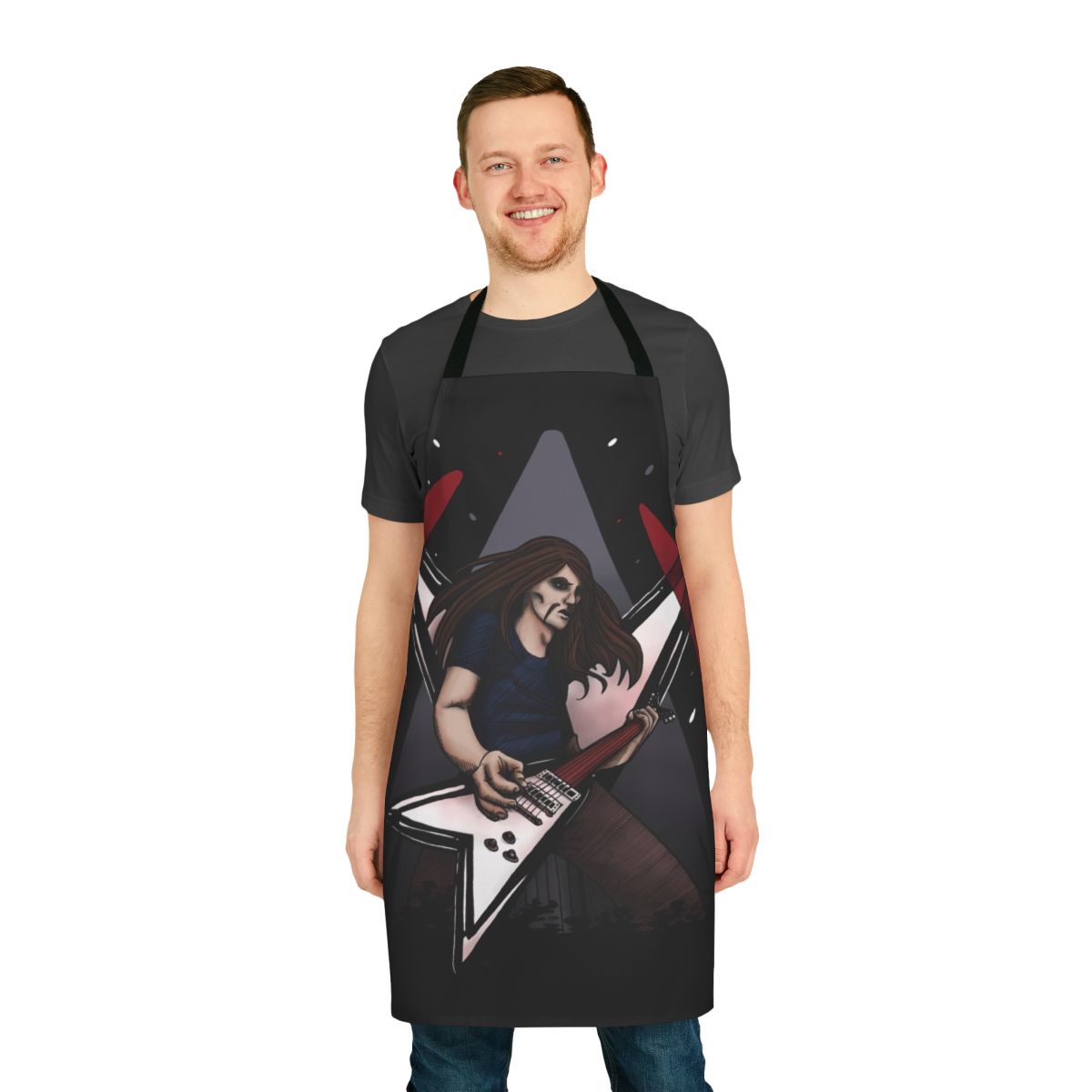 Metalocalypse-inspired apron featuring Toki Wartooth playing guitar on stage