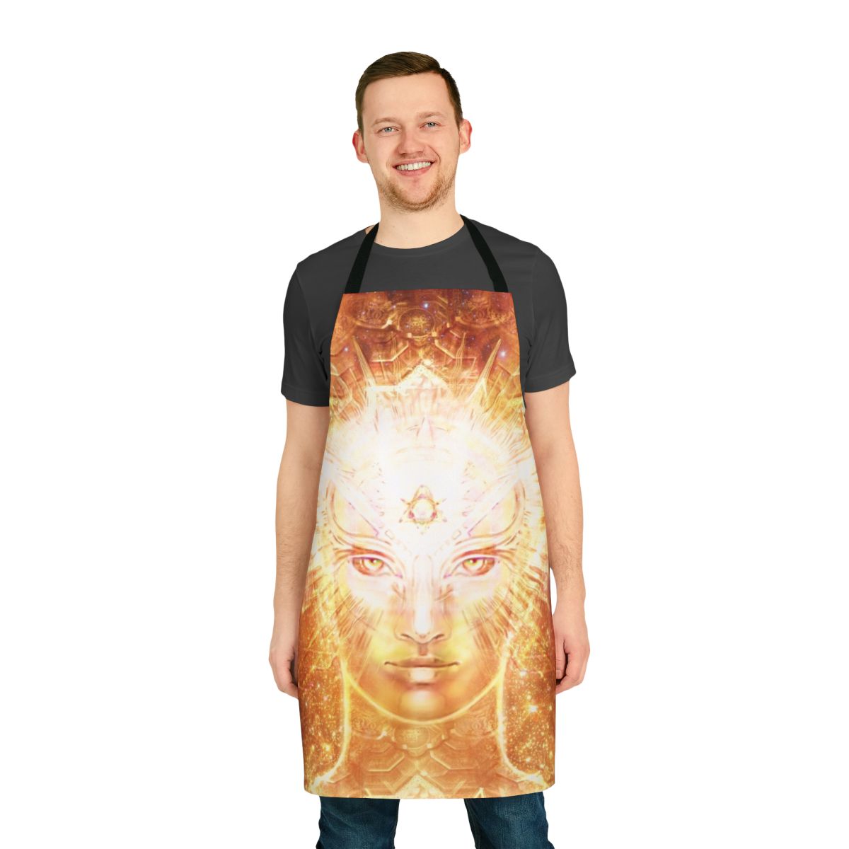 Metatron-inspired apron featuring golden angelic artwork