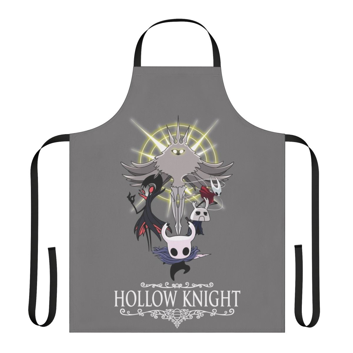 Hollow Knight-themed apron with a pixel art design, suitable for kitchen use or as a gamer accessory.