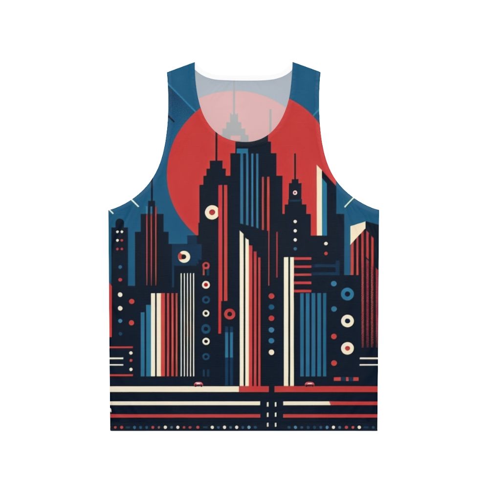 Unisex tank top with cityscape print of retro metropolitan skyline