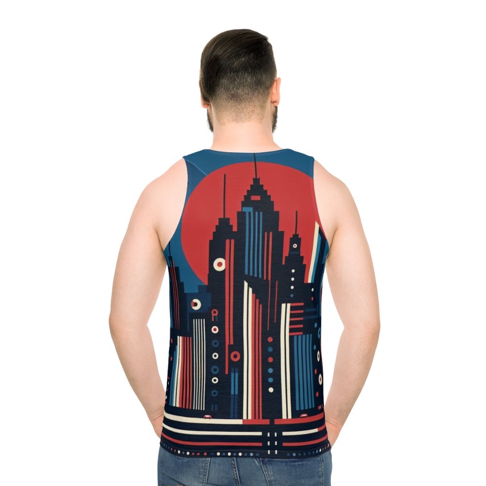 Unisex tank top with cityscape print of retro metropolitan skyline