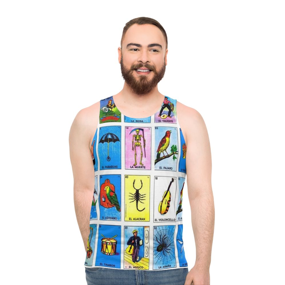 Unisex tank top with vibrant Mexican bingo-inspired design