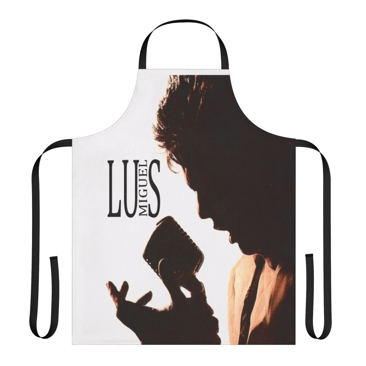 An apron featuring the name and imagery of renowned Mexican singer Luis Miguel.