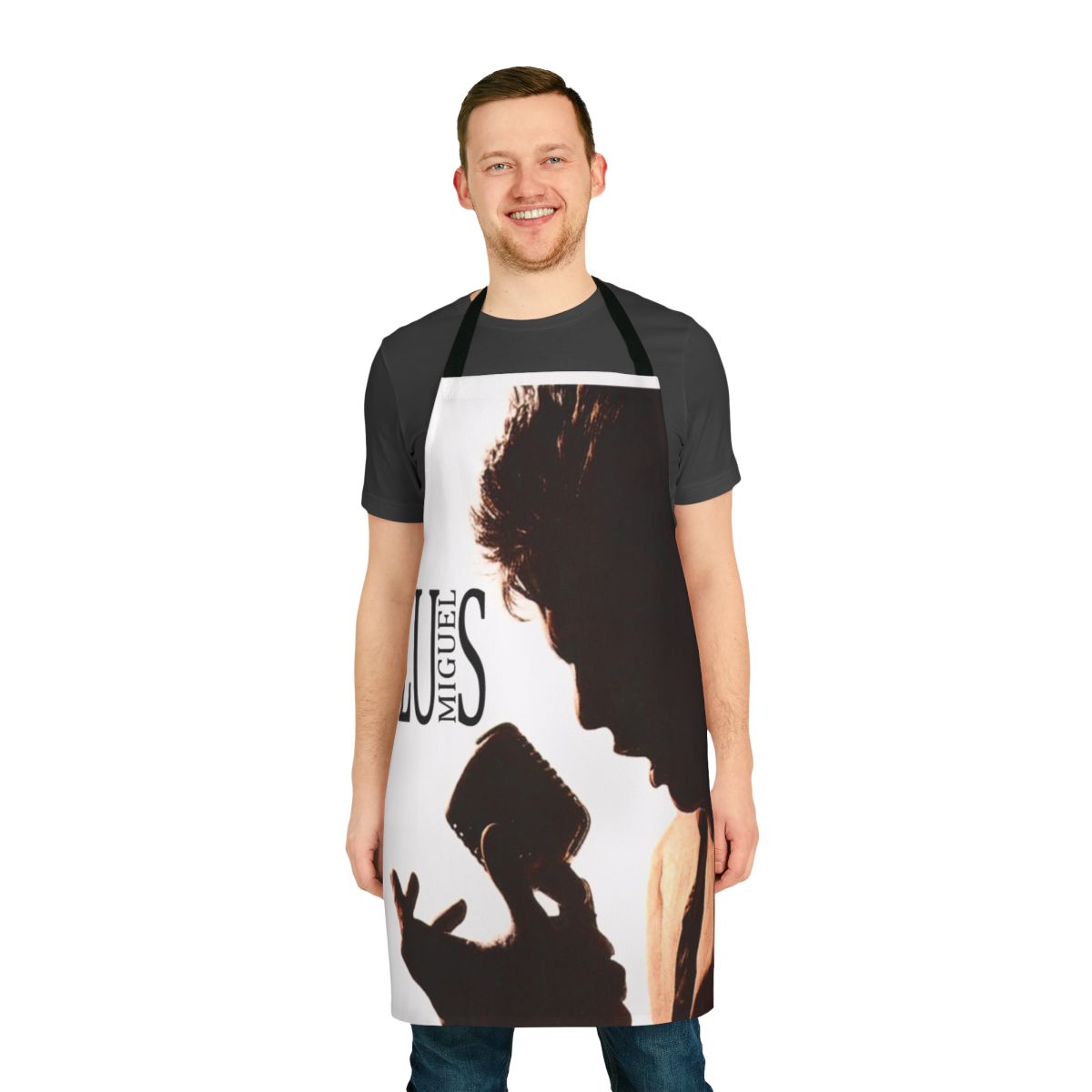An apron featuring the name and imagery of renowned Mexican singer Luis Miguel.