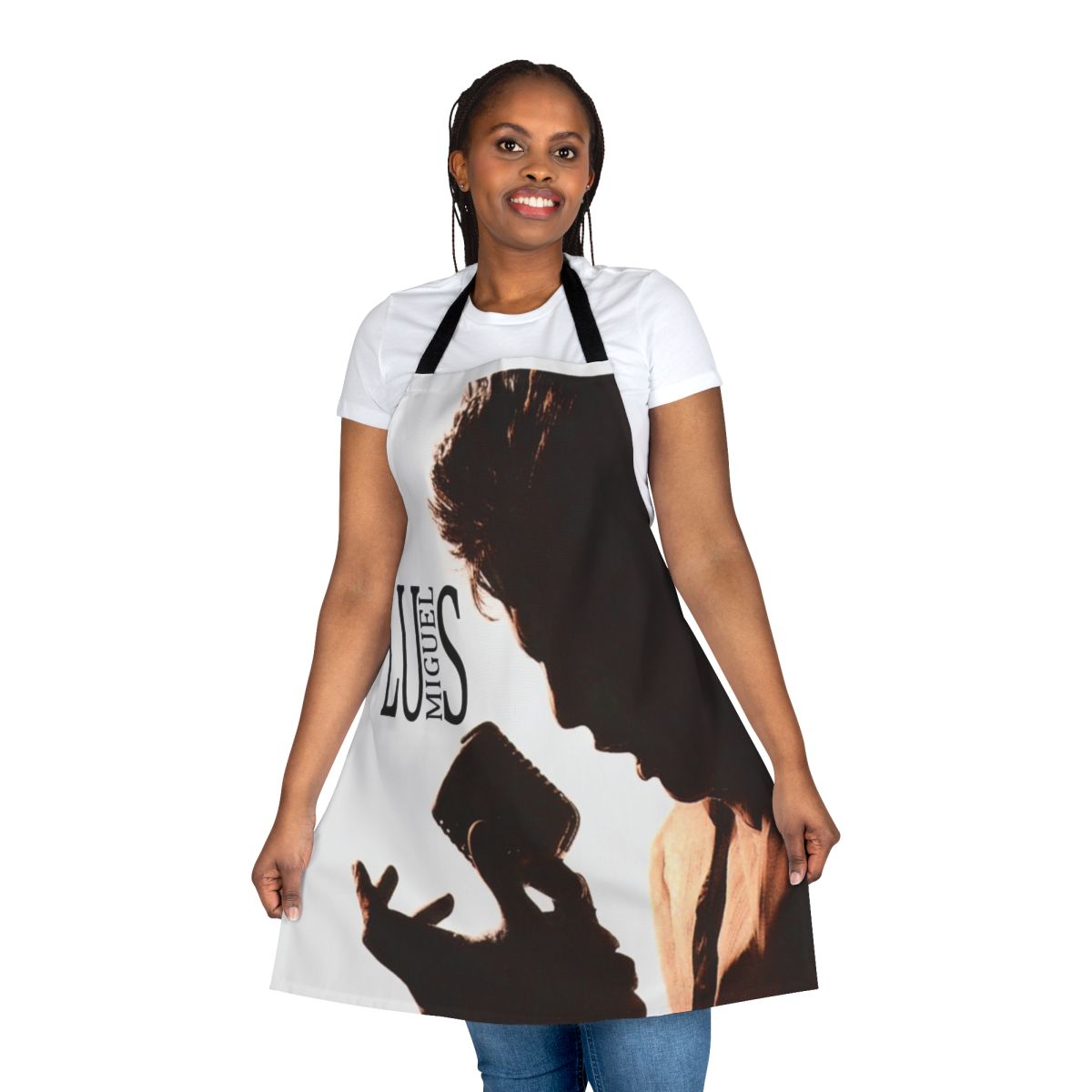 An apron featuring the name and imagery of renowned Mexican singer Luis Miguel.