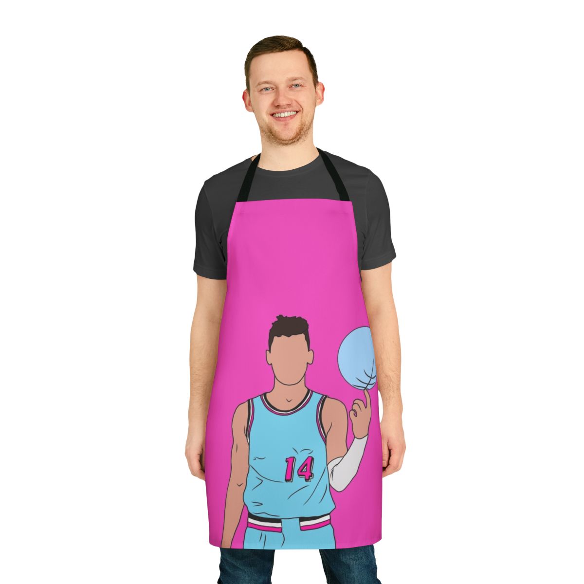 A stylish blue and pink basketball-themed apron inspired by the Miami Vice aesthetic.