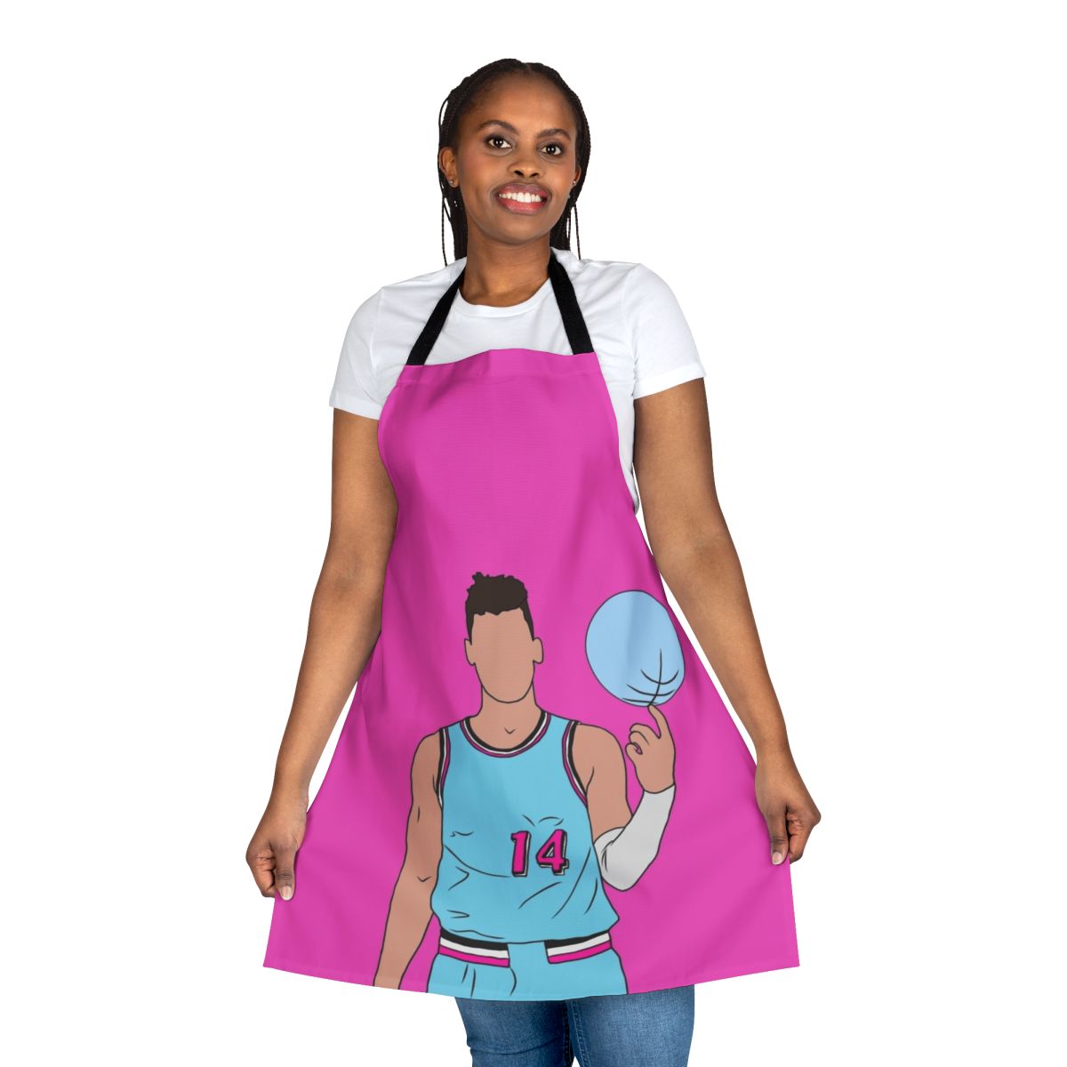 A stylish blue and pink basketball-themed apron inspired by the Miami Vice aesthetic.