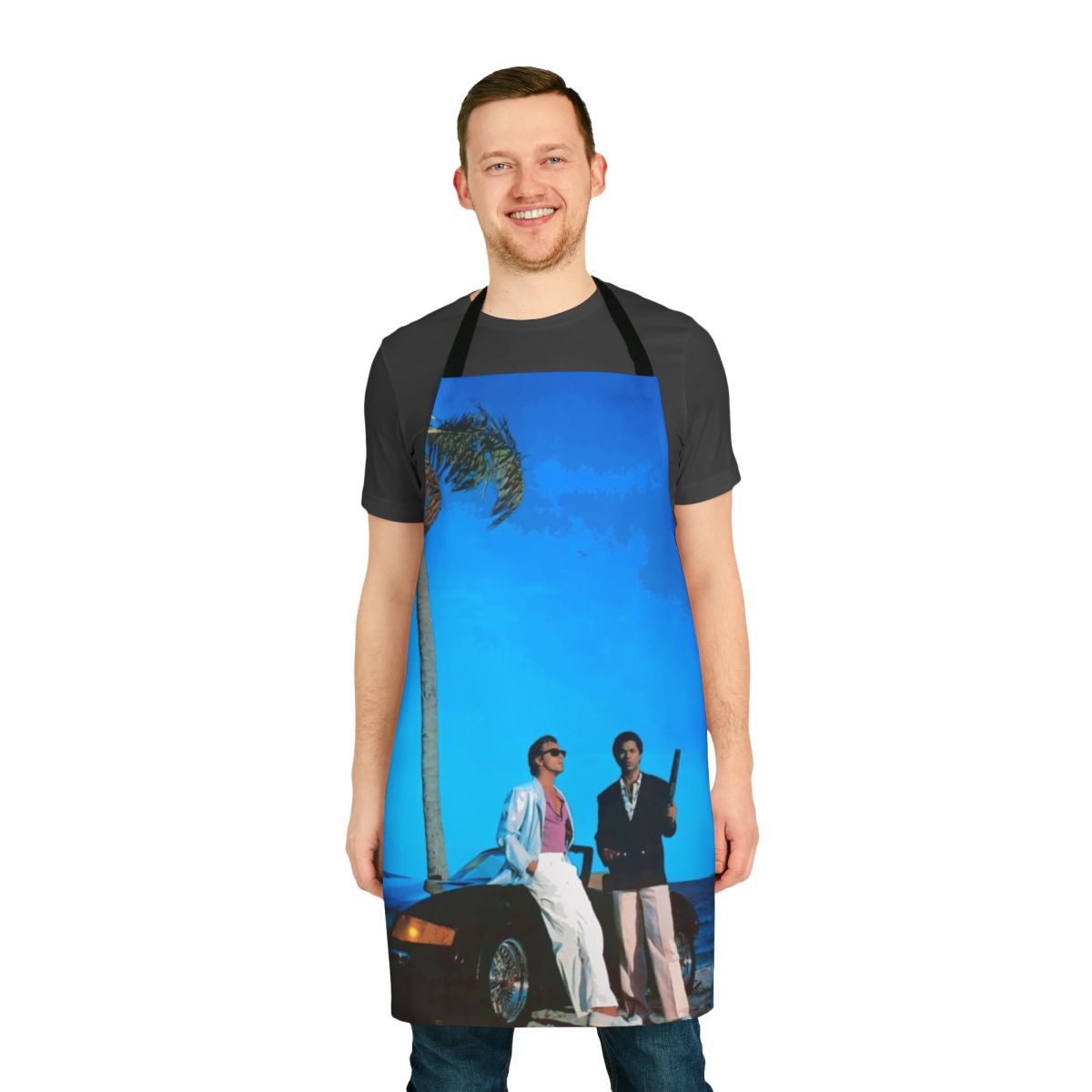 Miami Vice-inspired blue illustration kitchen apron