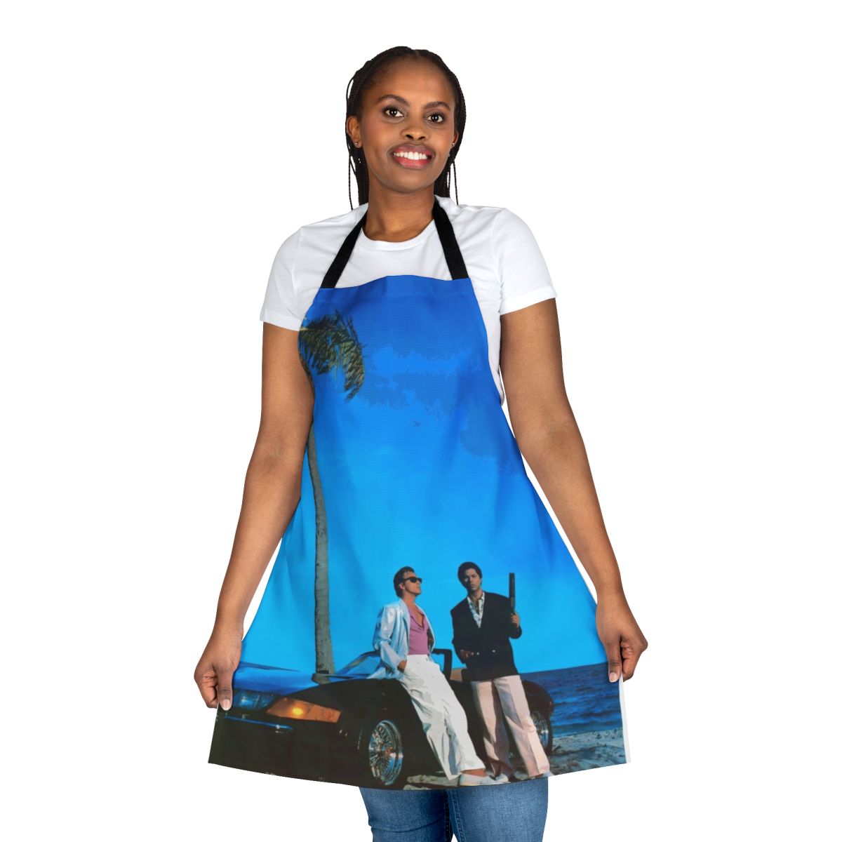 Miami Vice-inspired blue illustration kitchen apron