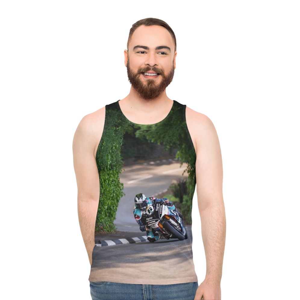 Unisex motorcycle racing tank top with Michael Dunlop design