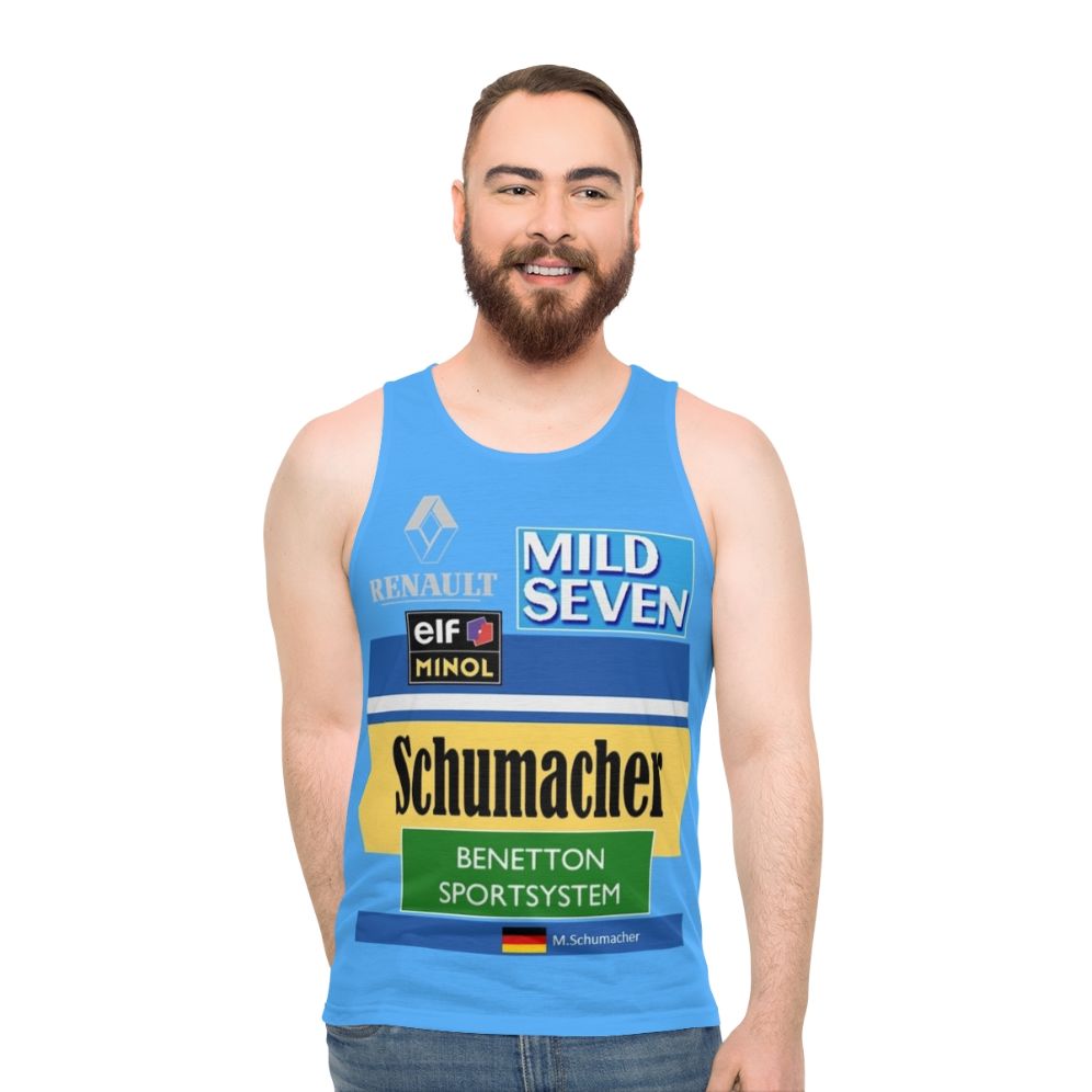 Unisex tank top featuring Michael Schumacher's 1995 Benetton Formula 1 race suit