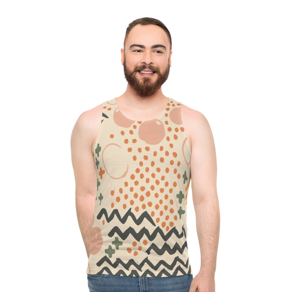 Mid-century style unisex tank top with colorful kaleidoscope pattern