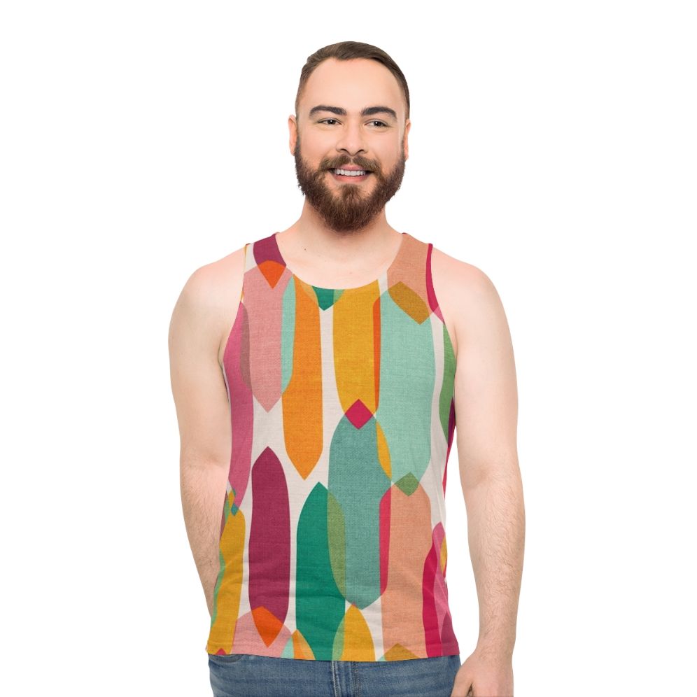 Colorful mid century modern droplets pattern on unisex tank top