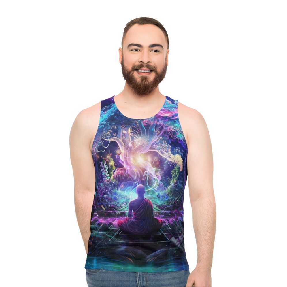 Unisex tank top with cosmic, nature-inspired Midnight Garden artwork