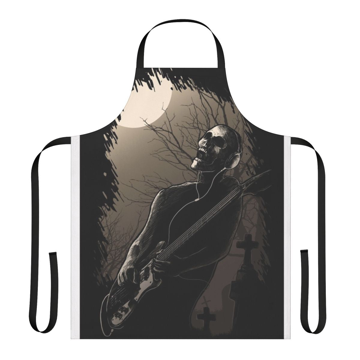 A midnight-themed apron featuring a skull and skeleton design, perfect for rock and heavy metal fans.