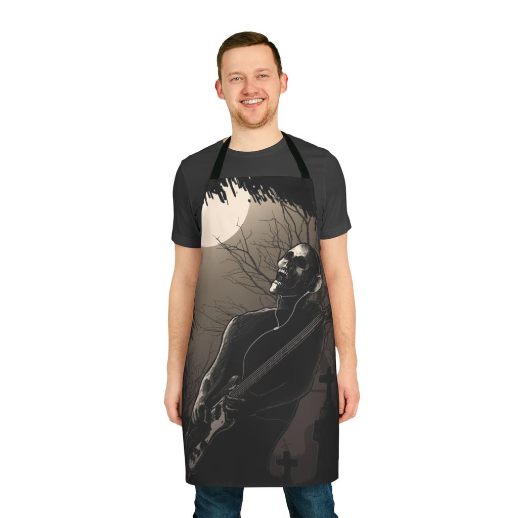 A midnight-themed apron featuring a skull and skeleton design, perfect for rock and heavy metal fans.