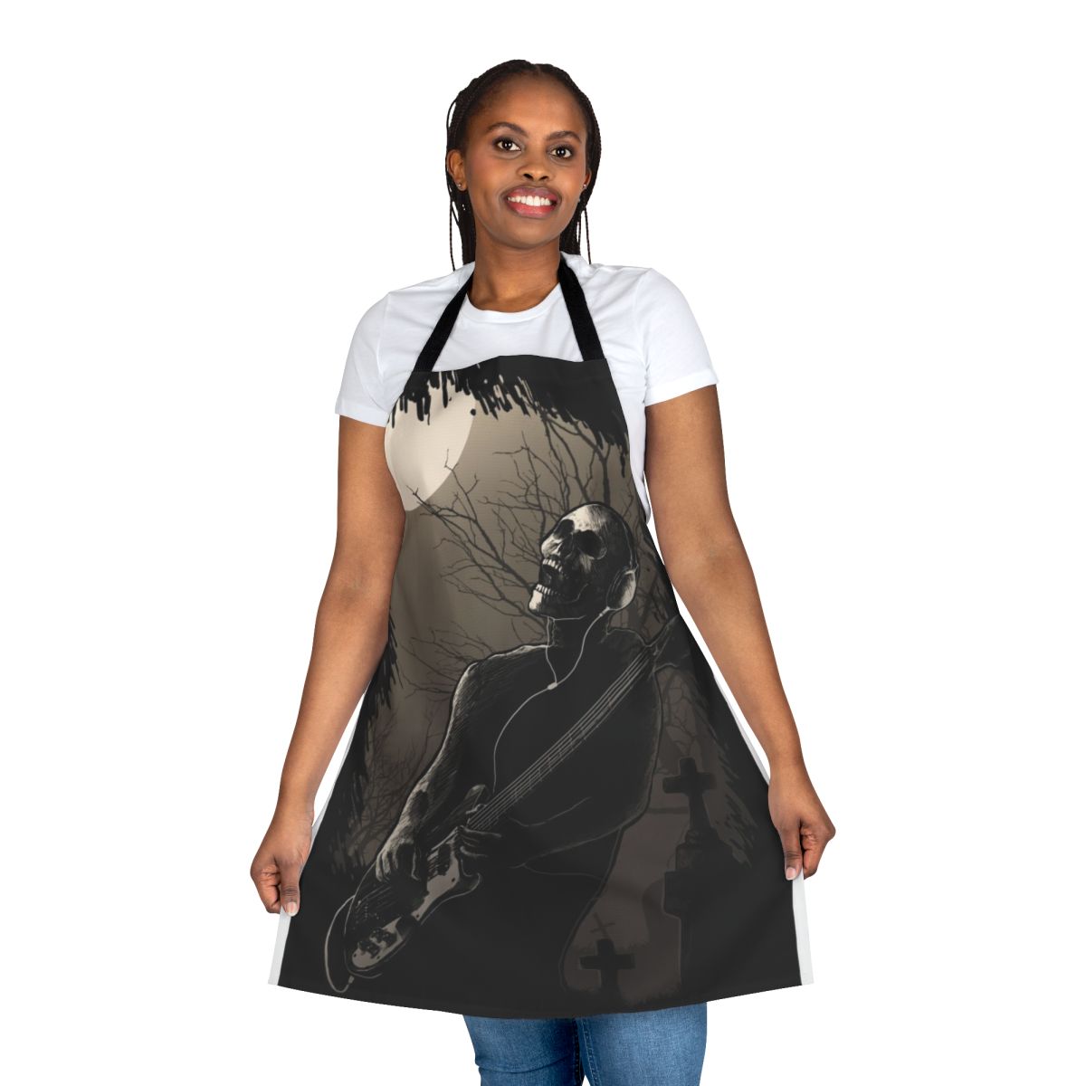 A midnight-themed apron featuring a skull and skeleton design, perfect for rock and heavy metal fans.