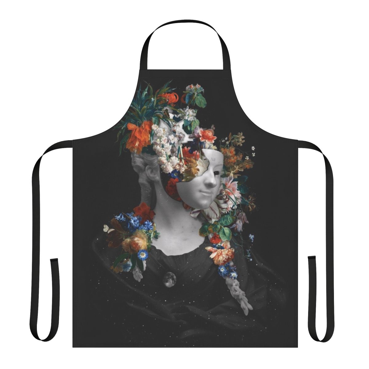 Midnight Spring Floral Apron with Surreal Flowers, Moon, and Stars