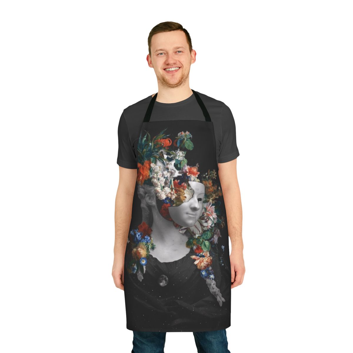 Midnight Spring Floral Apron with Surreal Flowers, Moon, and Stars