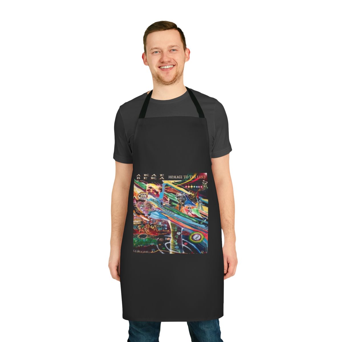 Midnite Akae Gott inspired reggae-themed apron with Rastafarian imagery and text
