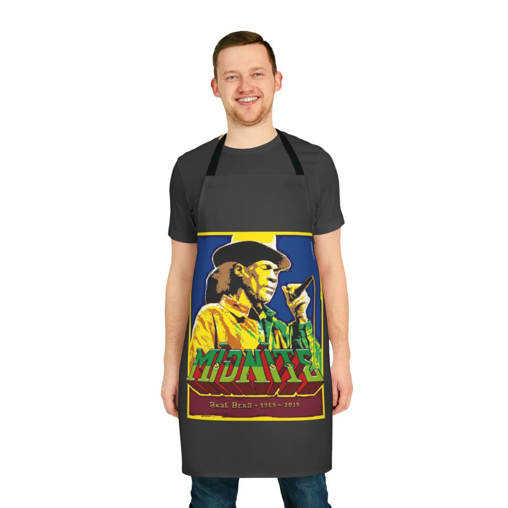 Midnite-inspired tribute apron featuring the band's iconic imagery and reggae-themed design