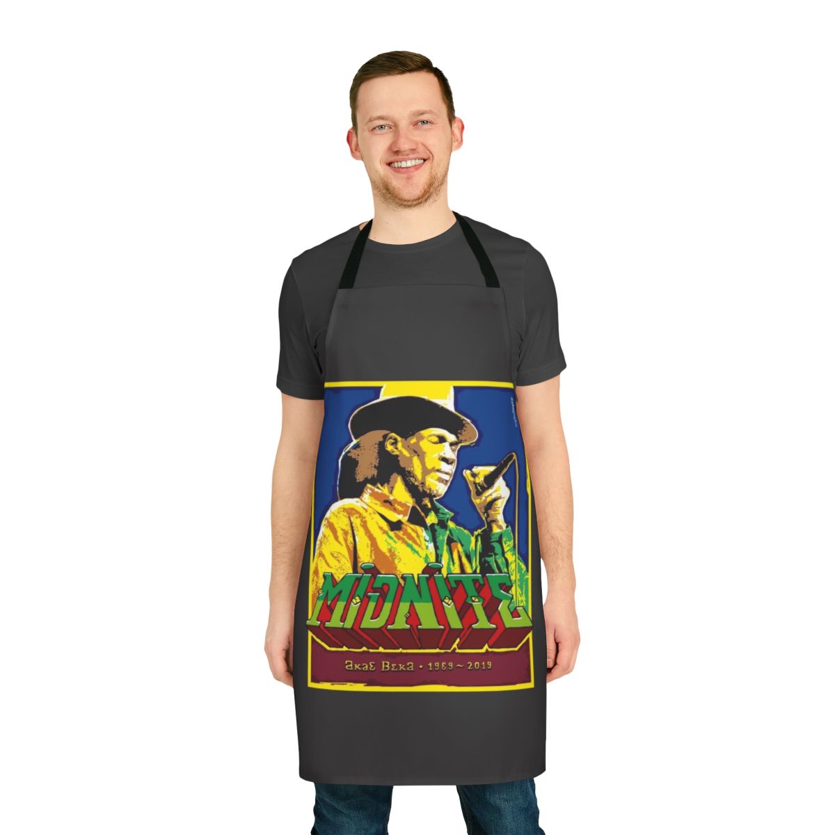 Midnite-inspired tribute apron featuring the band's iconic imagery and reggae-themed design