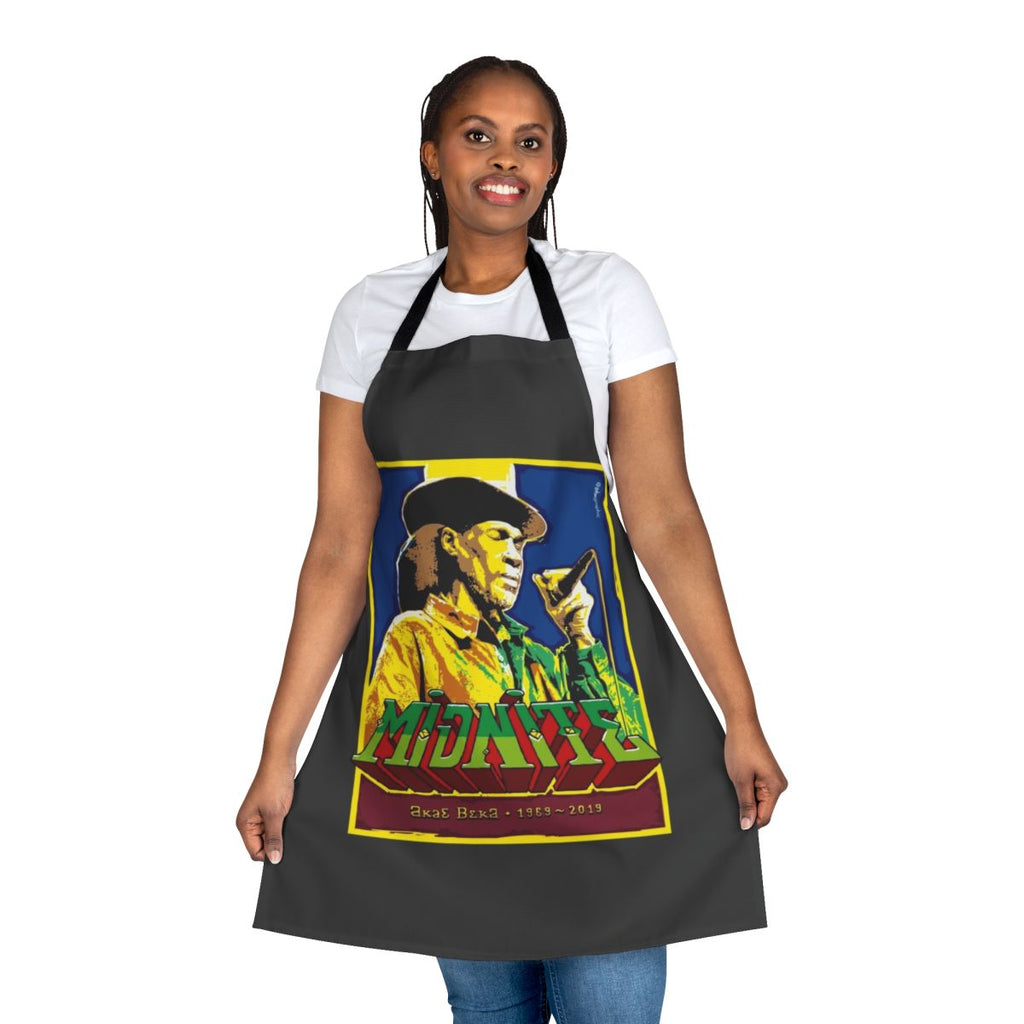 Midnite-inspired tribute apron featuring the band's iconic imagery and reggae-themed design