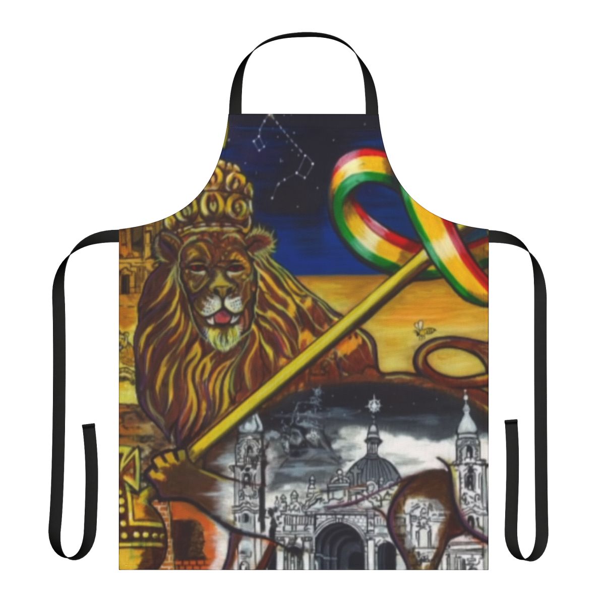 Midnite lion polygon pattern apron with Rastafarian and reggae rasta design elements