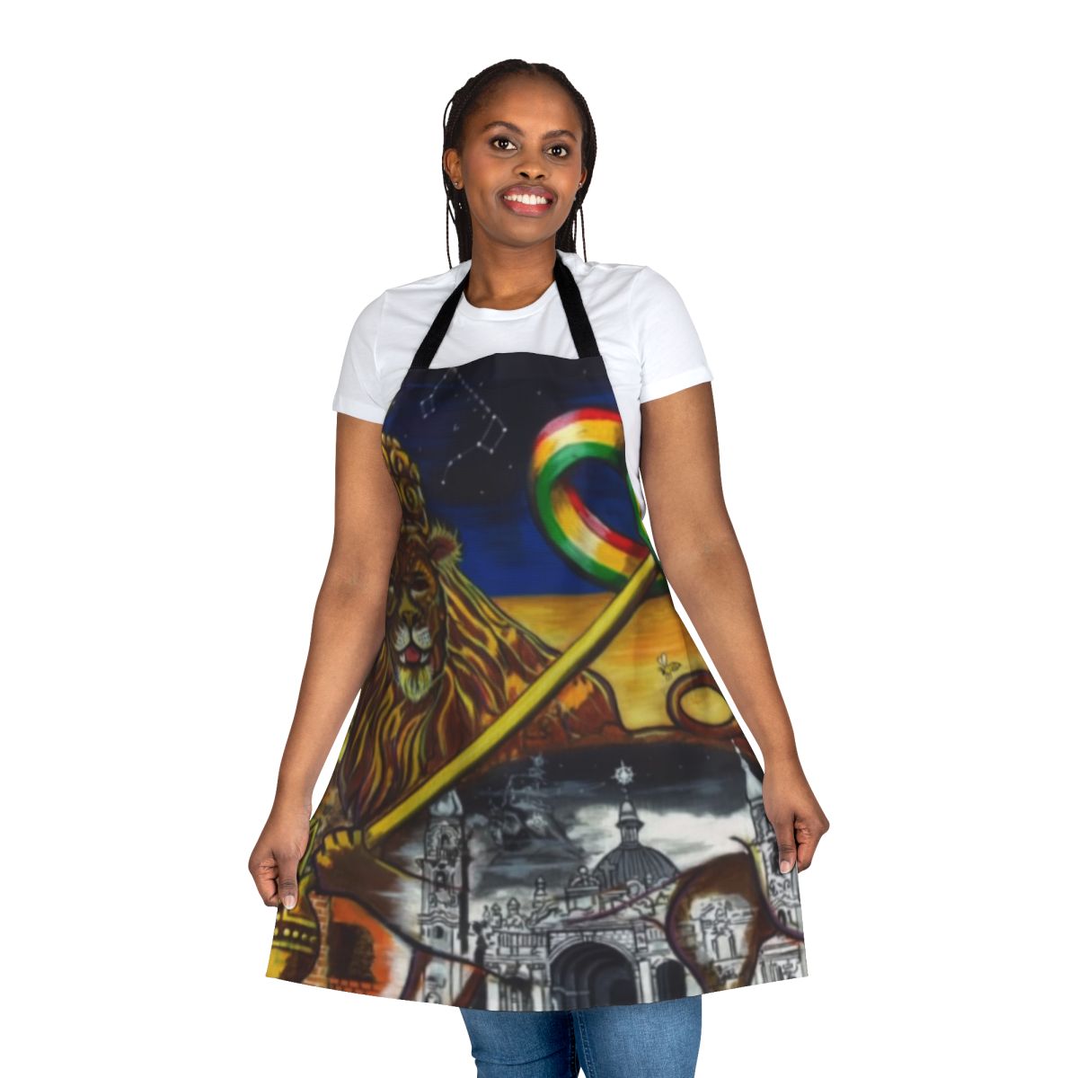 Midnite lion polygon pattern apron with Rastafarian and reggae rasta design elements