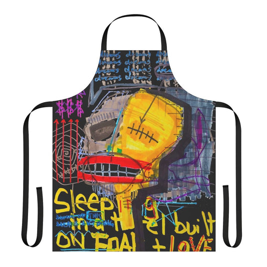 Stylized abstract art apron with the text "Sleeping In A Hotel Built On Fear And Love"