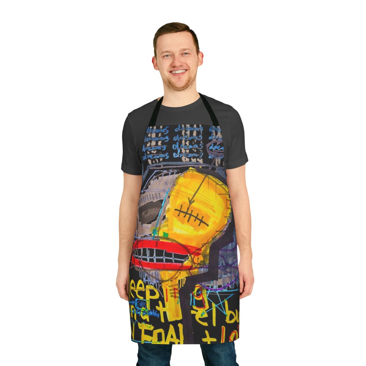 Stylized abstract art apron with the text "Sleeping In A Hotel Built On Fear And Love"