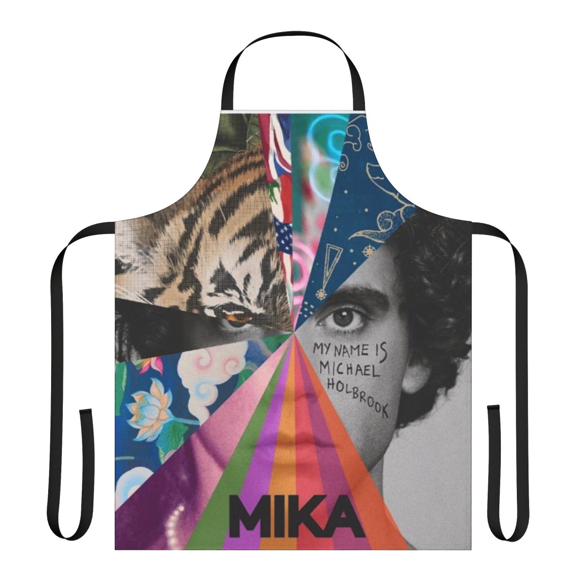 Mika-inspired apron featuring the name "Michael Holbrook" in a stylized aesthetic design.