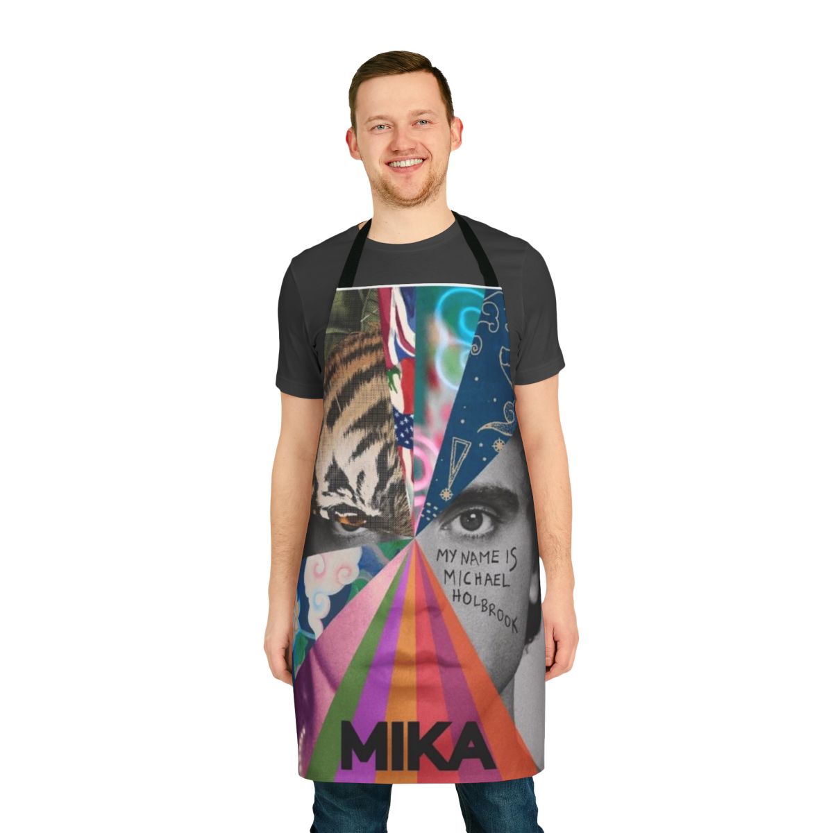 Mika-inspired apron featuring the name "Michael Holbrook" in a stylized aesthetic design.