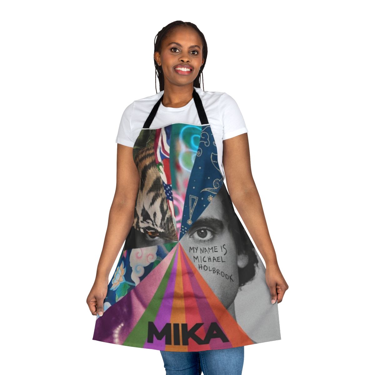 Mika-inspired apron featuring the name "Michael Holbrook" in a stylized aesthetic design.