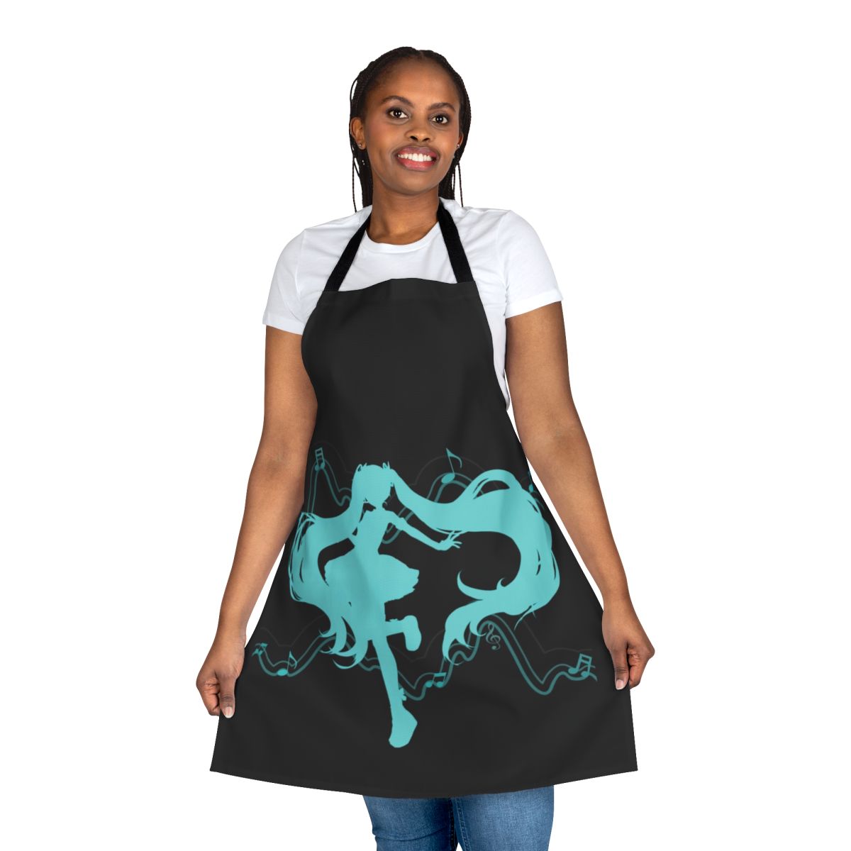 Miku Hatsune-inspired apron with musical notes and Vocaloid branding