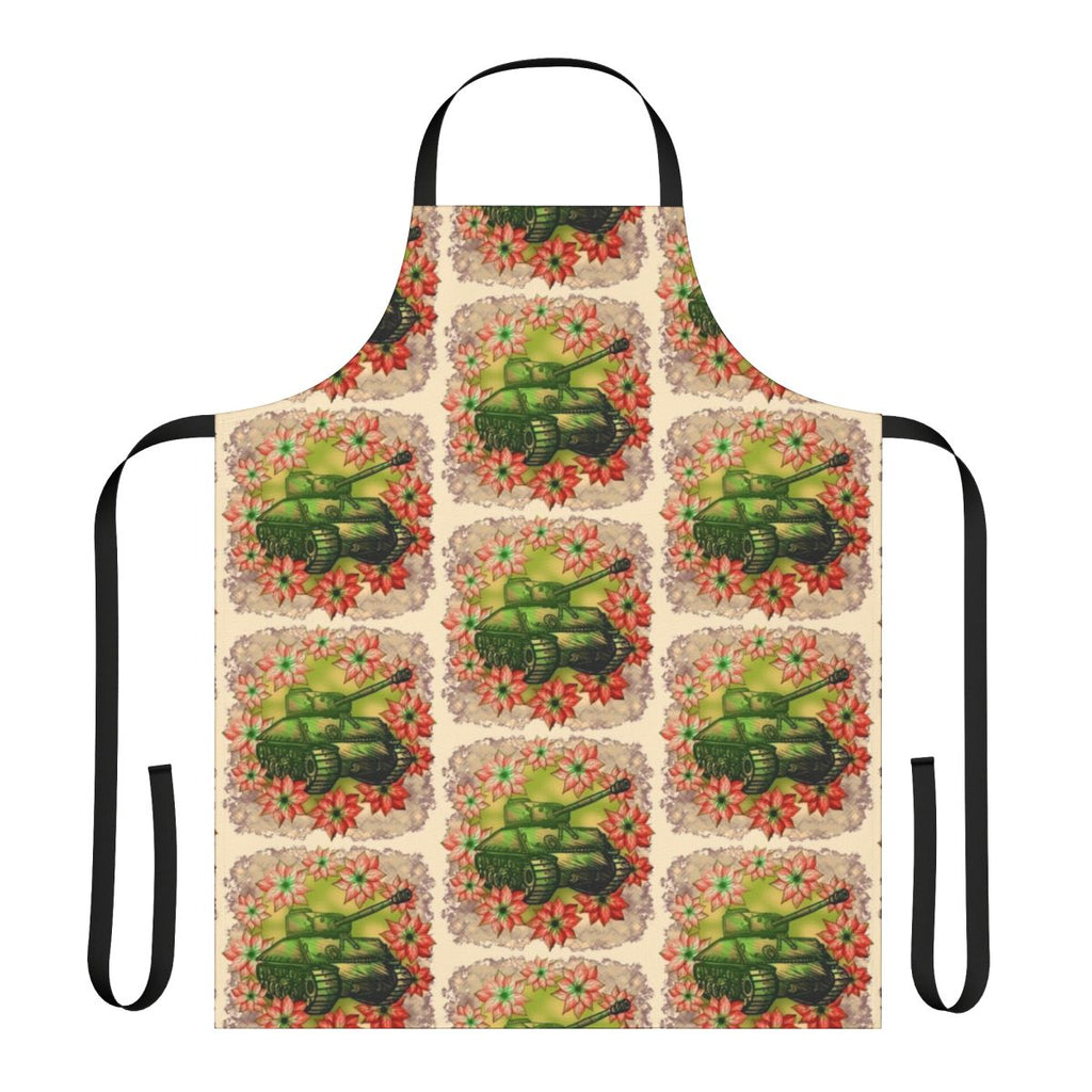 Military-inspired Christmas apron with an army tank and poinsettia flower design