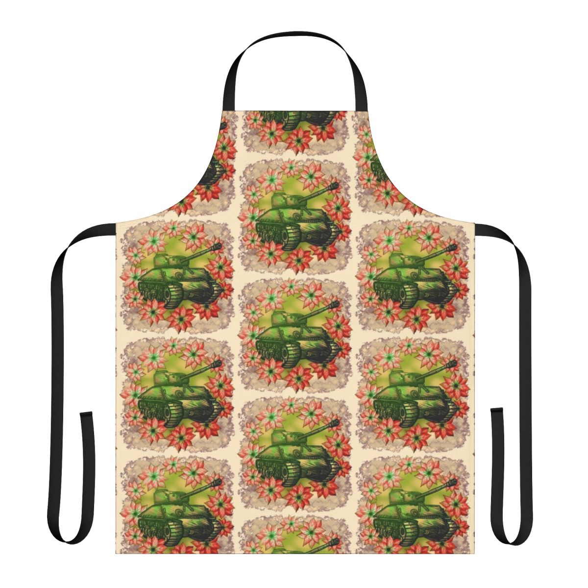 Military-inspired Christmas apron with an army tank and poinsettia flower design